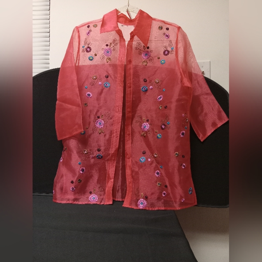Vintage Women's Pink Floral Embroidered  Medium. Cover Up